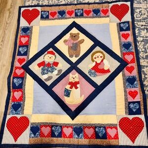 Handmade Americana Small Quilt with Hearts and Teddy Bears: 250 Year Celebration
